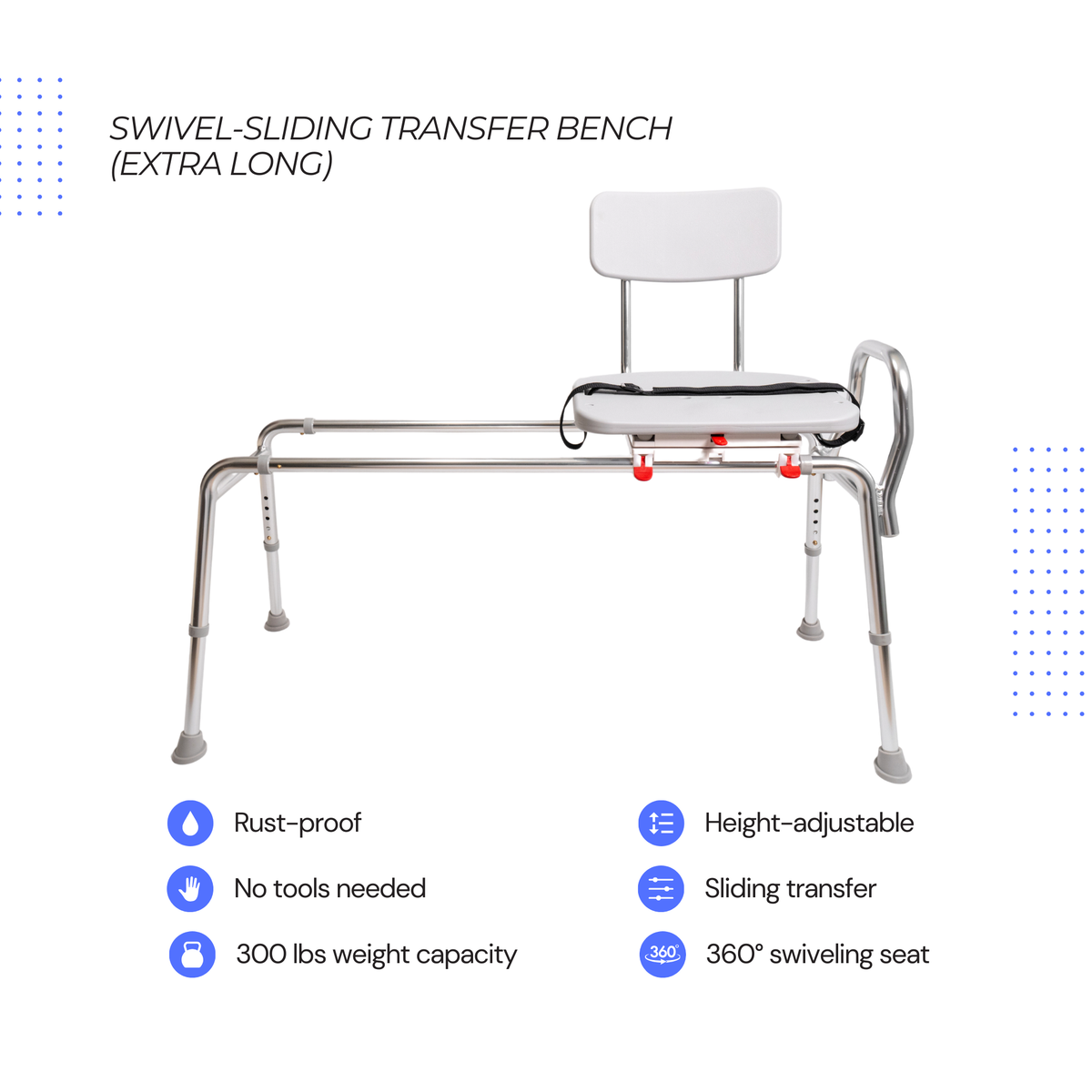 Eagle Health Supplies Sliding Tub Transfer Bench with Swivel Seat, Extra Long, (77692)
