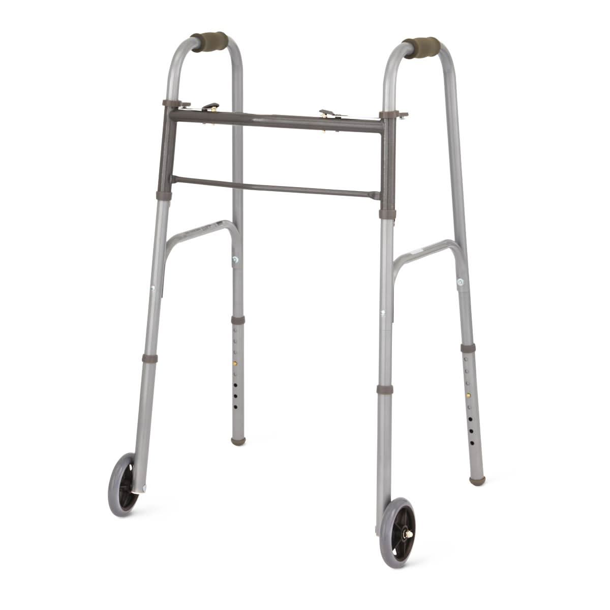 Medline Two-Button Folding Walkers with 5" Wheels