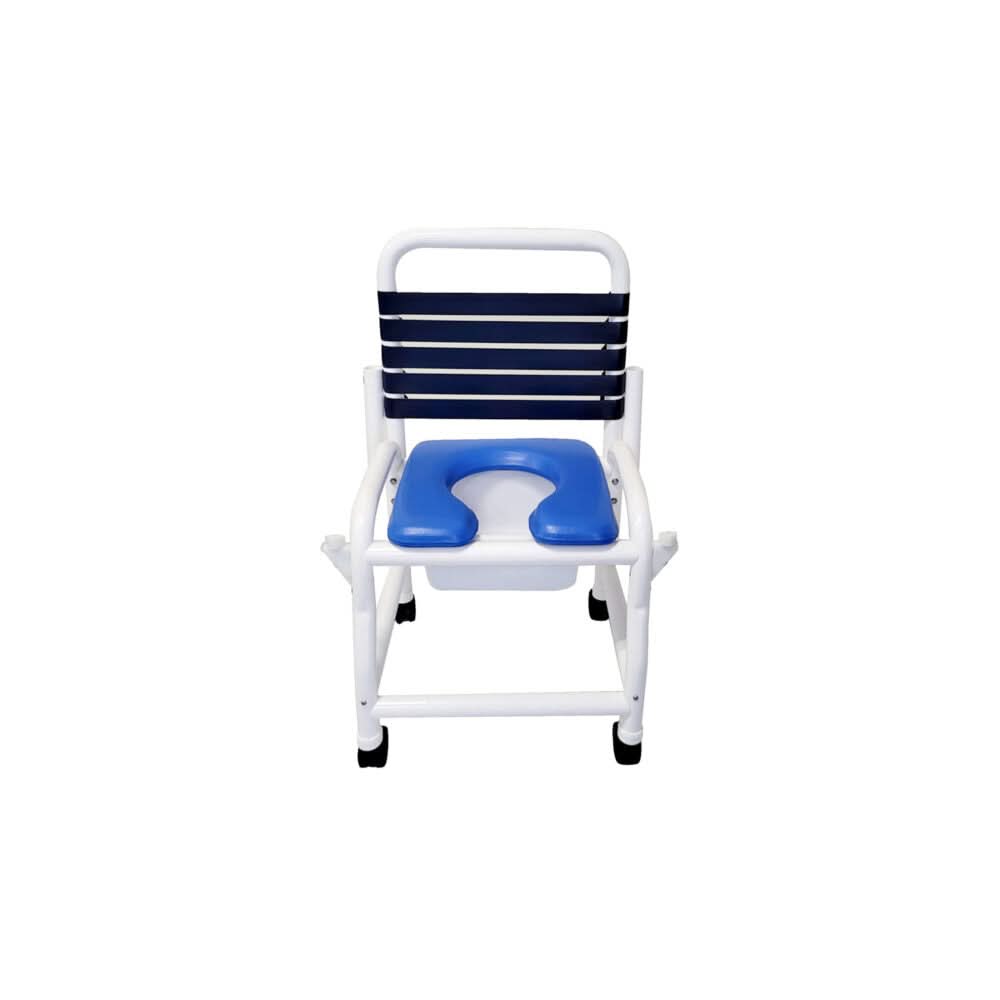 Mor-Medical Deluxe New Era Patented Infection Control Shower Commode Chair, 18" Internal Width, Removable Deluxe Elongated Open Front Soft Seat, Double Drop Arms and Commode pail, 3" Twin All Locking Casters, 310 lbs wt capacity