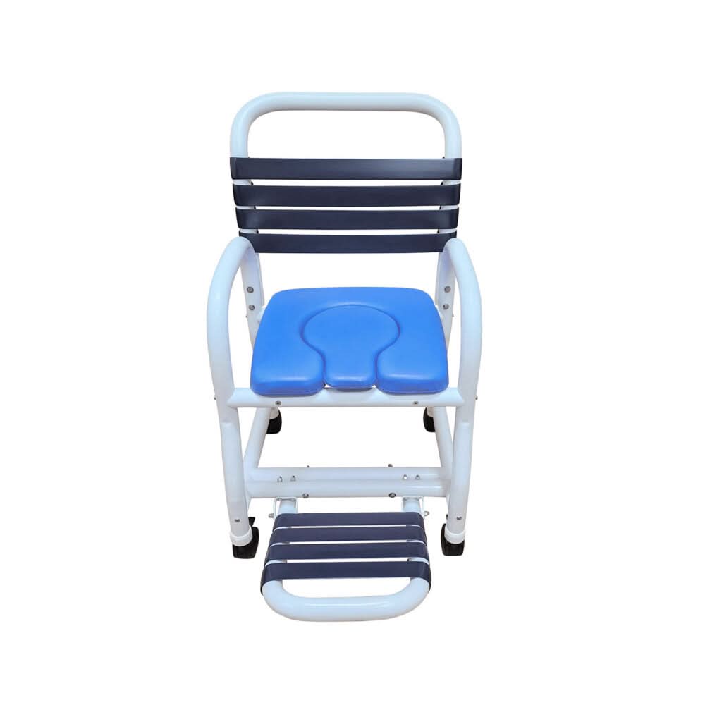 Mor-Medical Deluxe New Era Patented Infection Control Shower Commode Chair, 18" Internal Width, Removable Deluxe Elongated Open Front Soft Seat, Soft Touch Folding Footrest, NO commode pail, 3" Twin All Locking Casters, 310 lbs wt capacity