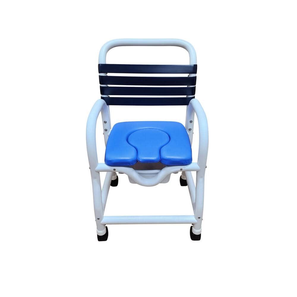 Mor-Medical Deluxe New Era Patented Infection Control Hygienic Access Shower Commode Chair, 18" Internal Width,  Removable Deluxe Elongated Open Front Soft Seat, Commode pail, 3" Twin All Locking Casters, 310 lbs wt capacity