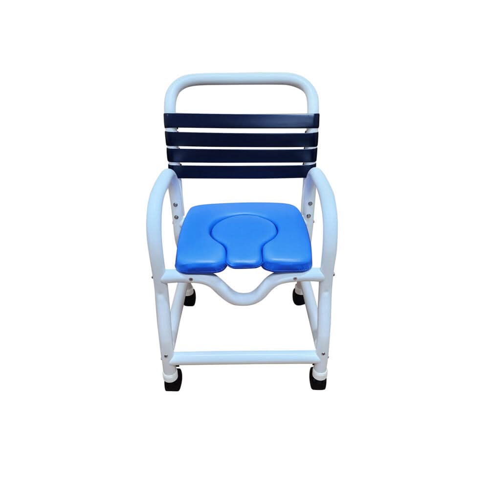 Mor-Medical Deluxe New Era Patented Infection Control Hygienic Access Shower Commode Chair, 18" Internal Width,  Removable Deluxe Elongated Open Front Soft Seat, NO commode pail, 3" Twin All Locking Casters, 310 lbs wt capacity