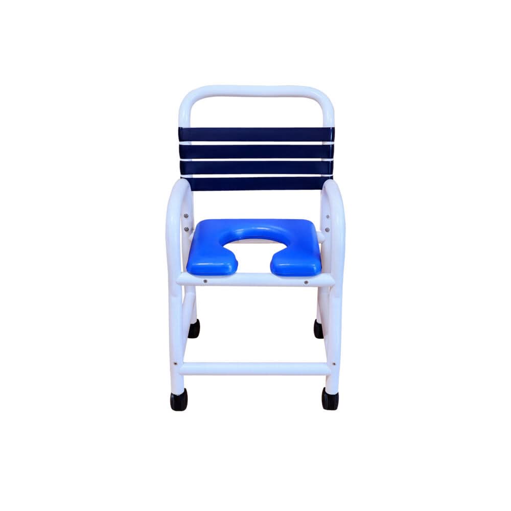 Mor-Medical Deluxe New Era Patented Infection Control Shower Commode Chair, 18" Internal Width, Removable Deluxe Elongated Open Front Soft Seat, NO commode pail, 3" Twin All Locking Casters, 310 lbs wt capacity