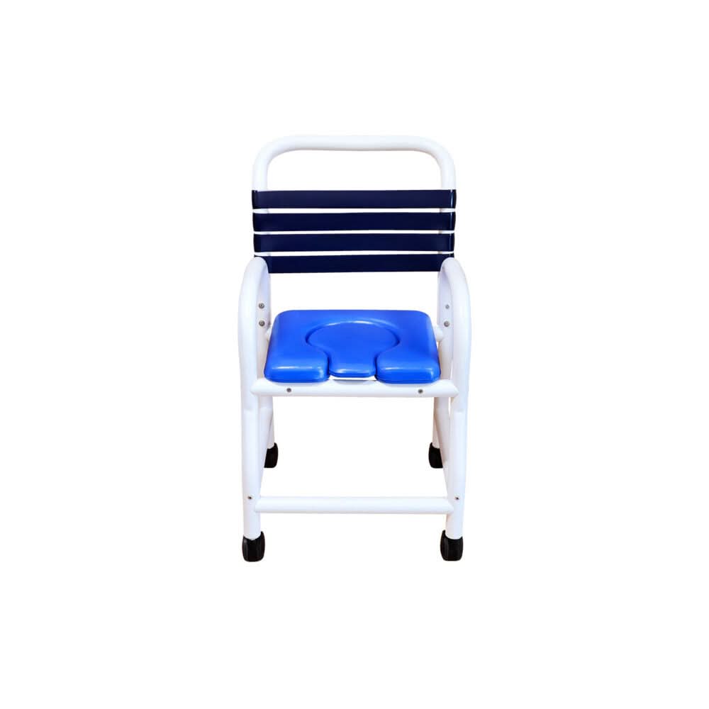 Mor-Medical Deluxe New Era Patented Infection Control Shower Commode Chair, 18" Internal Width, Removable Deluxe Elongated Open Front Soft Seat, NO commode pail, 3" Twin All Locking Casters, 310 lbs wt capacity