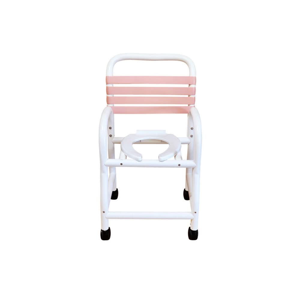 Mor-Medical Deluxe New Era Patented Infection Control Shower Commode Chair, Mauve Soft Touch Back, 18" Internal Width, Removable Deluxe Elongated Open Front Hard Seat, NO Commode Pail, 3" Twin All Locking Casters, 310 lbs wt capacity