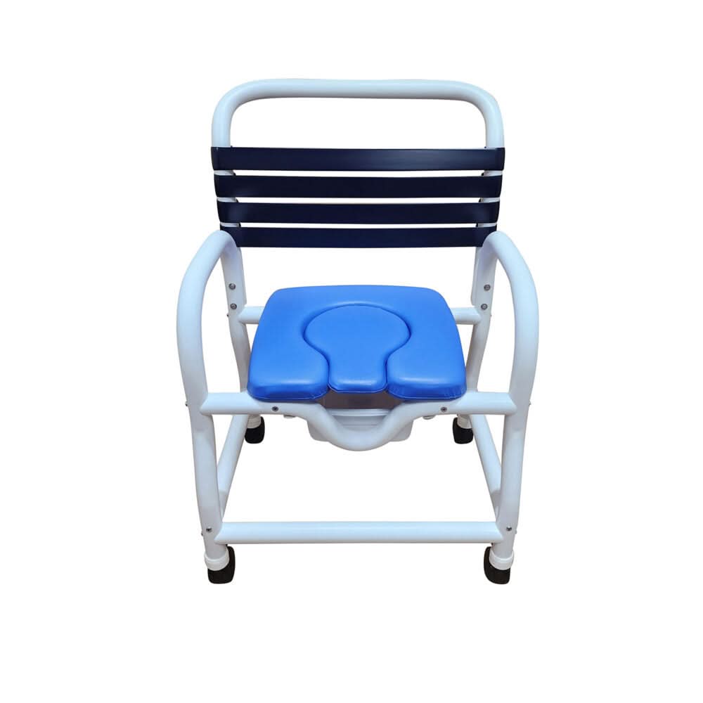 Mor-Medical Deluxe New Era Patented Infection Control Hygienic Access Shower Commode Chair, 22" Internal Width,  Removable Deluxe Elongated Open Front Soft Seat, Commode pail, 3" Twin All Locking Casters, 385 lbs wt capacity