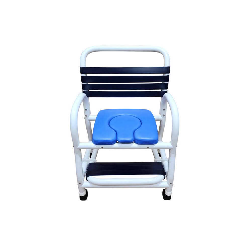 Mor-Medical Deluxe New Era Patented Infection Control Shower Chair, 22" Internal Width, Removable Deluxe Elongated Open Front  Soft Seat, NO commode pail, with soft touch slide out footrest, 3" Twin All Locking Casters, 385 lbs wt capacity