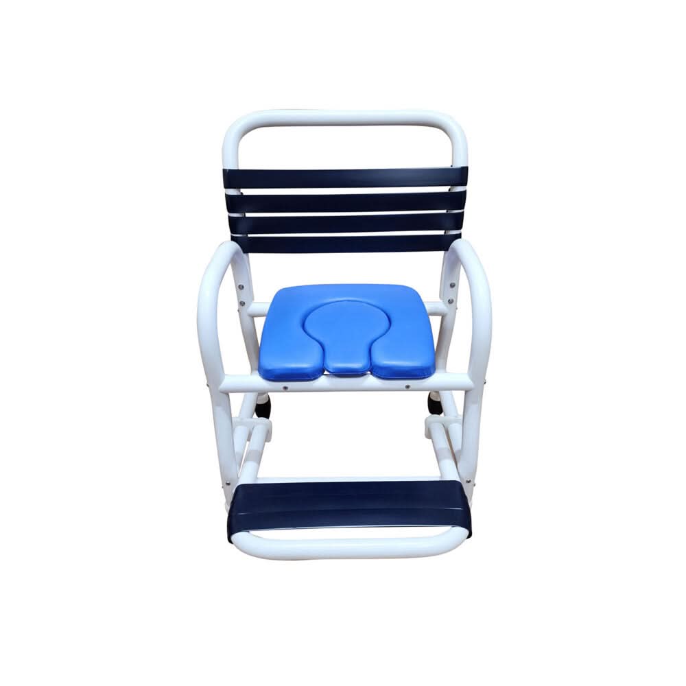 Mor-Medical Deluxe New Era Patented Infection Control Shower Chair, 22" Internal Width, Removable Deluxe Elongated Open Front  Soft Seat, NO commode pail, with soft touch slide out footrest, 3" Twin All Locking Casters, 385 lbs wt capacity