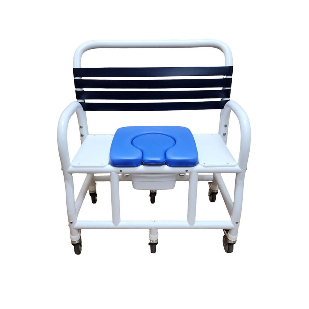 Mor-Medical Deluxe New Era Patented Infection Control Shower Commode Chair, 30" Internal Width, Removable Deluxe Elongated Open Front Soft Seat, Commode pail, 4" Twin All Locking Casters, 710 lbs wt capacity