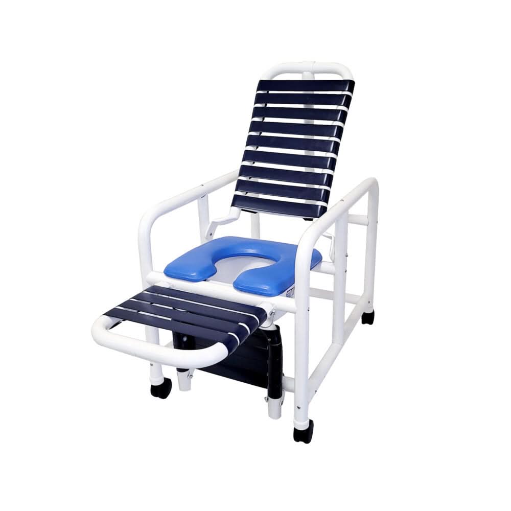 Mor-Medical Deluxe New Era Patented Infection Control Reclining Shower Chair 20" Internal Width, Removable Deluxe Elongated Opne Front Soft Seat, Soft Touch Footrest, Elevated Legrest and Commode pail, 335 lbs wt cap.