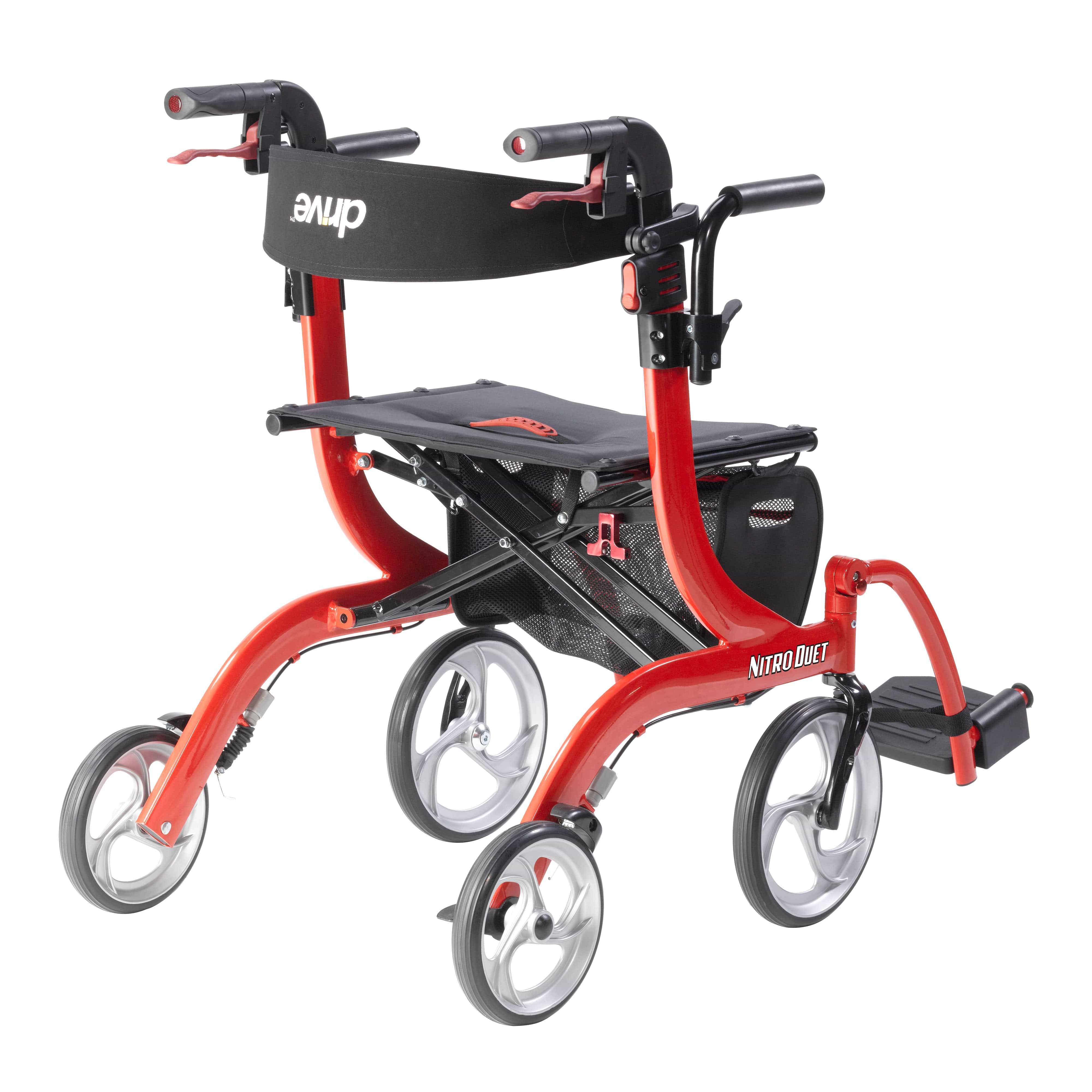Drive Medical Drive Medical Nitro Duet Dual Function Transport Wheelchair and Rollator Rolling Walker, Red rtl10266dt