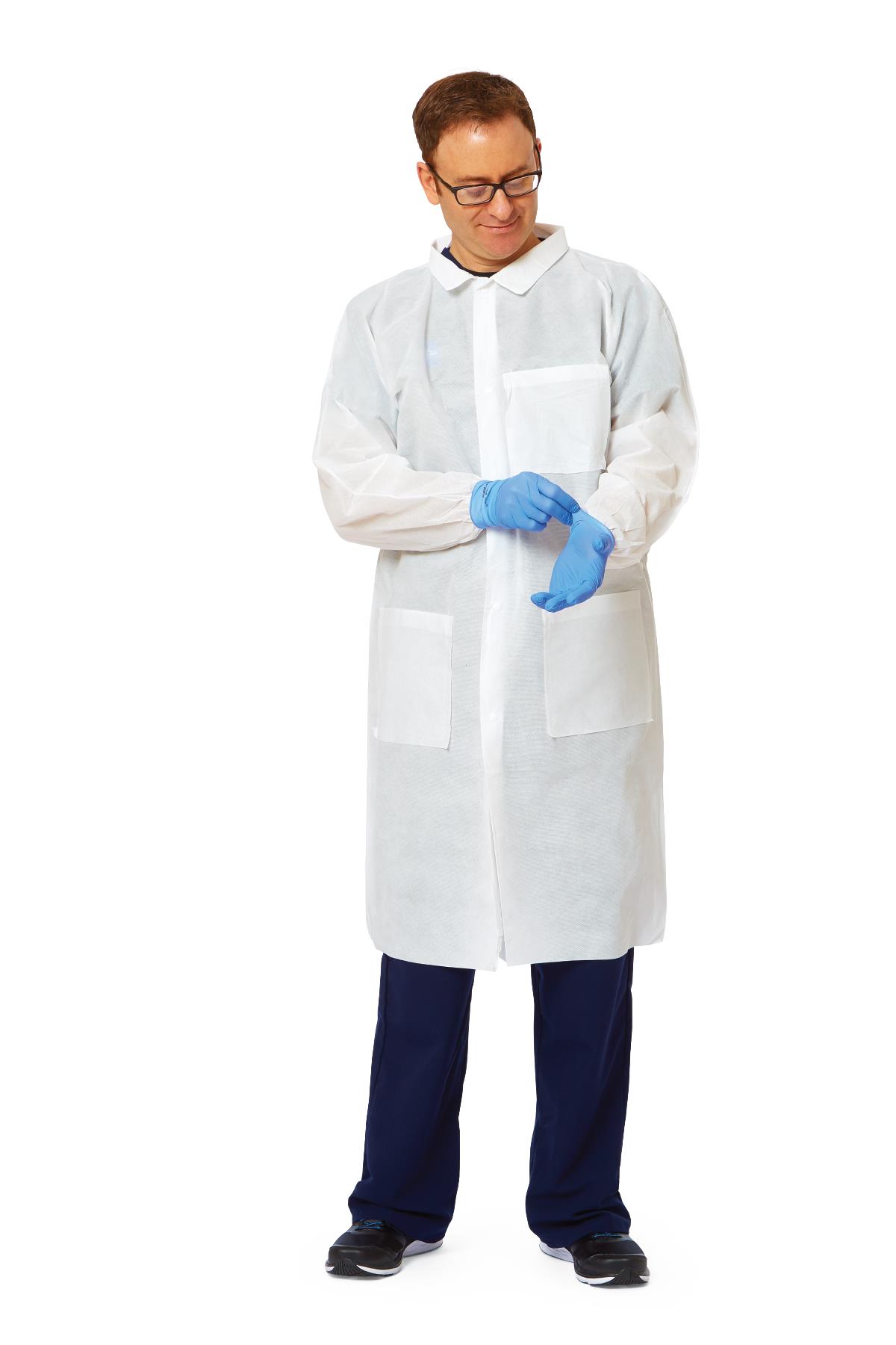 Medline Disposable SMS Barrier Lab Coat with Traditional Collar/Knit Cuffs