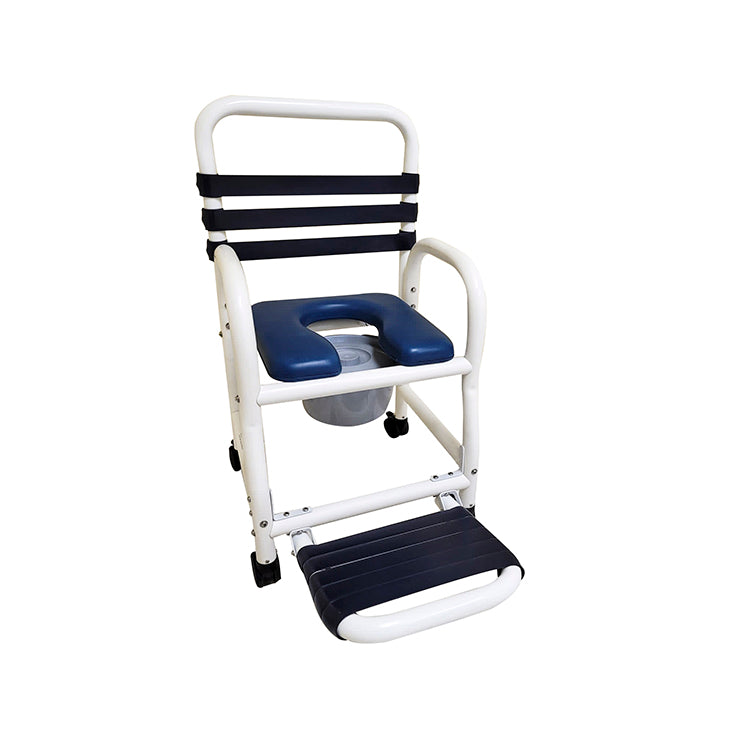 Mor-Medical Deluxe New Era Patented Infection Control Shower Commode Chair, 18" Internal Width, Open Front Removable Soft Seat, Commode Pail and Soft Touch Folding Footrest, 3" Twin All Locking Casters, 310 lbs wt capacity