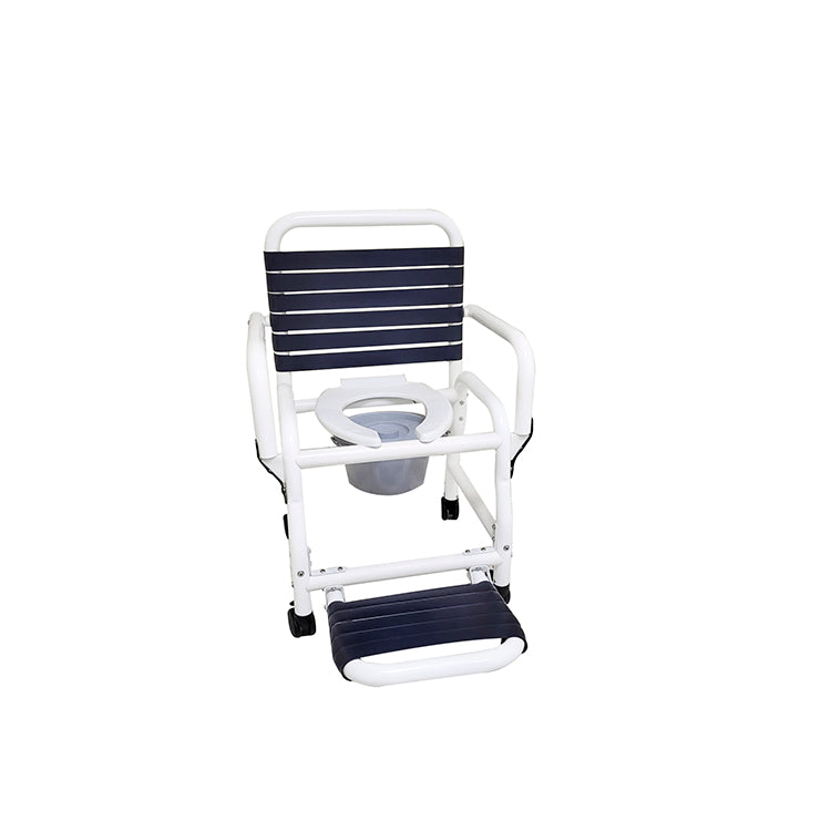 Mor-Medical Deluxe New Era Patented Infection Control Shower Commode Chair, 18" Internal Width, Open Front Removable Hard Seat, Soft Touch Folding Footrest, Double Drop Arms and Commode Pail, 3" Twin All Locking Casters, 310 lbs wt capacity