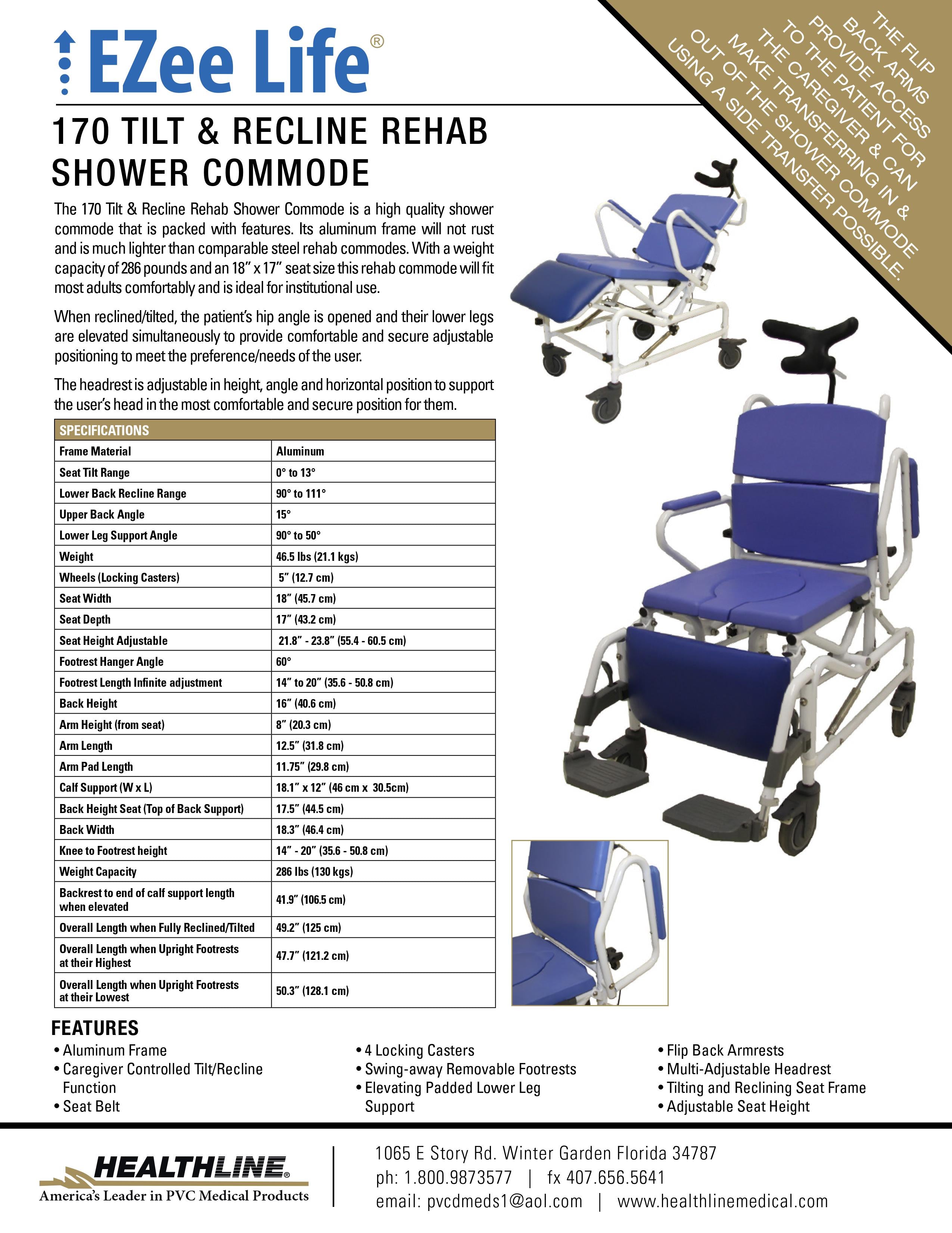Healthline MODEL 170 TILT & RECLINE REHAB SHOWER COMMODE