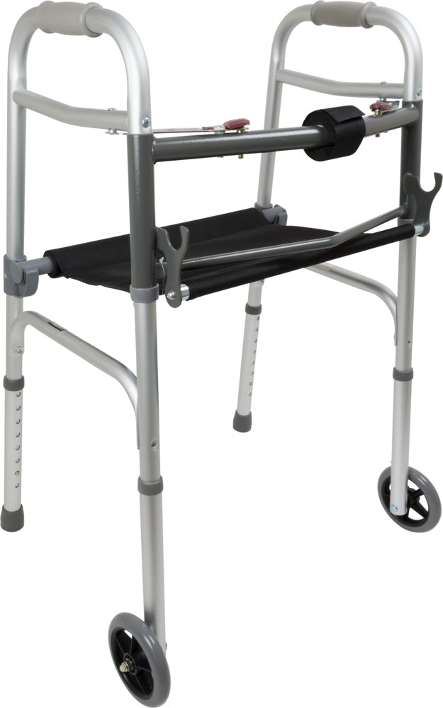 Compass Health ProBasics Two-Button Folding Walker with Wheels and Roll-Up Seat,
