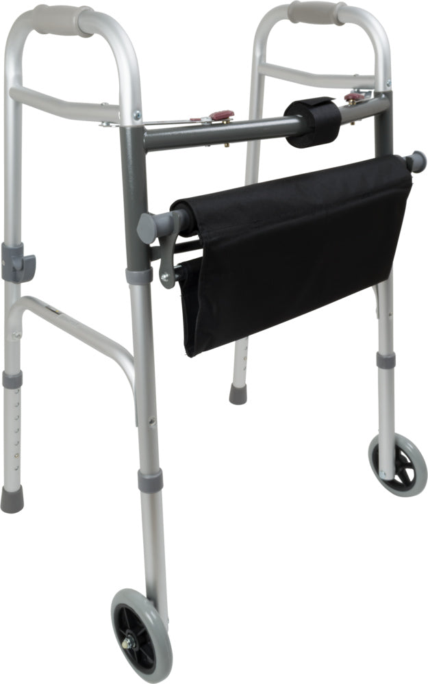 Compass Health ProBasics Two-Button Folding Walker with Wheels and Roll-Up Seat, 2/CS
