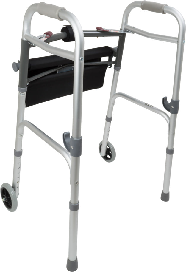 Compass Health ProBasics Two-Button Folding Walker with Wheels and Roll-Up Seat, 2/CS