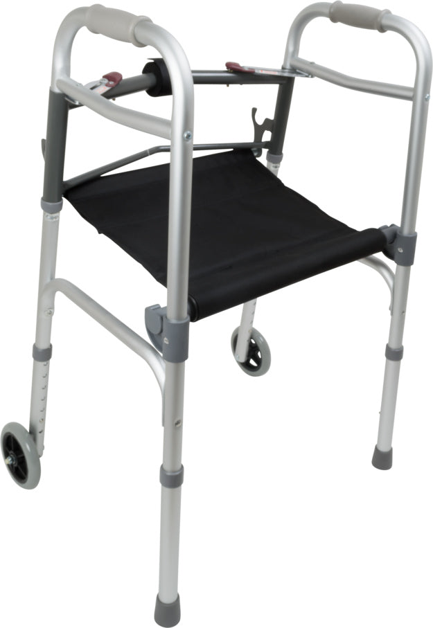 Compass Health ProBasics Two-Button Folding Walker with Wheels and Roll-Up Seat, 2/CS