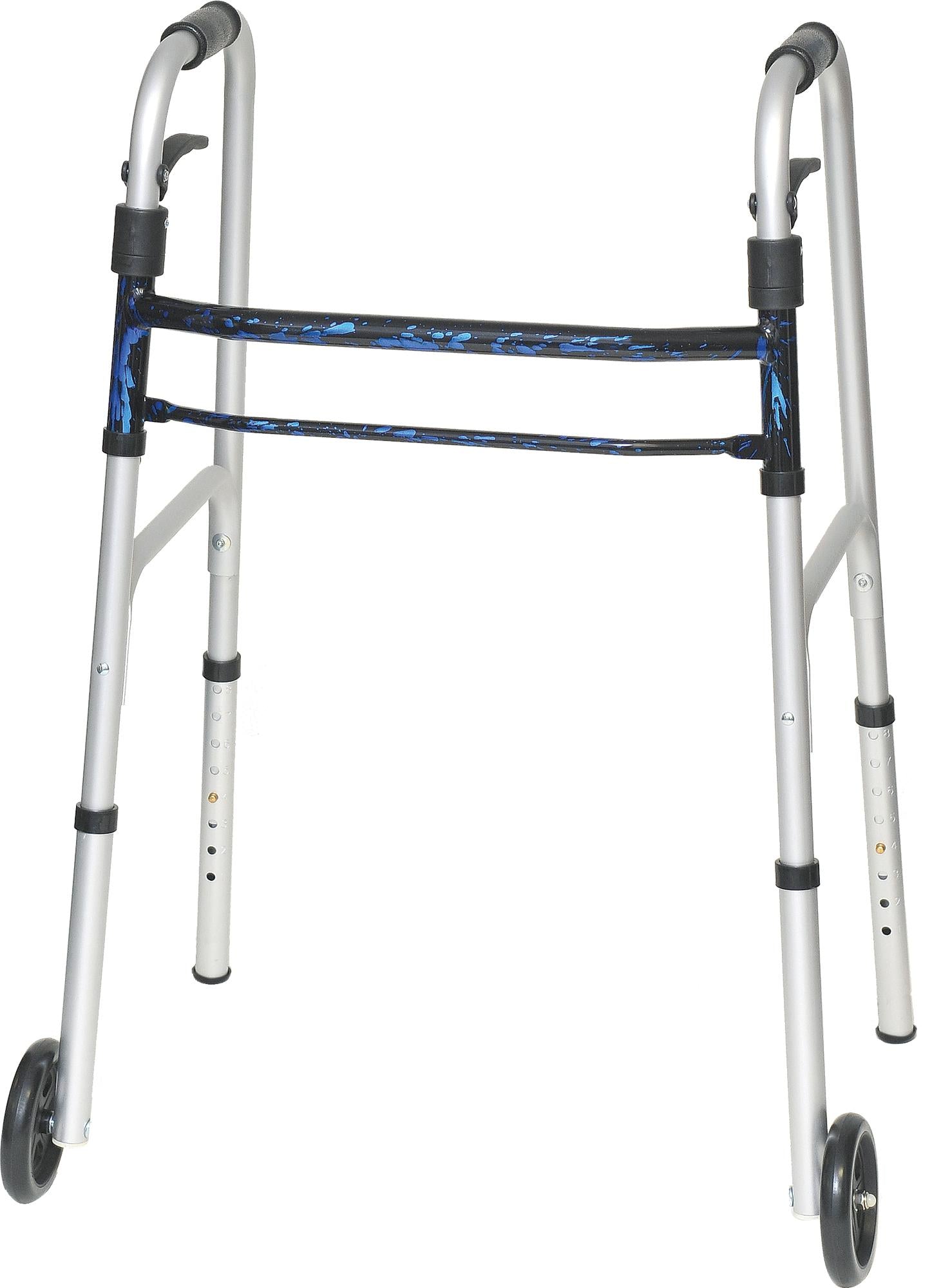 Compass Health ProBasics Sure Lever Release Folding Walker with 5" Wheels and Blue Flame Finish, (Adult)