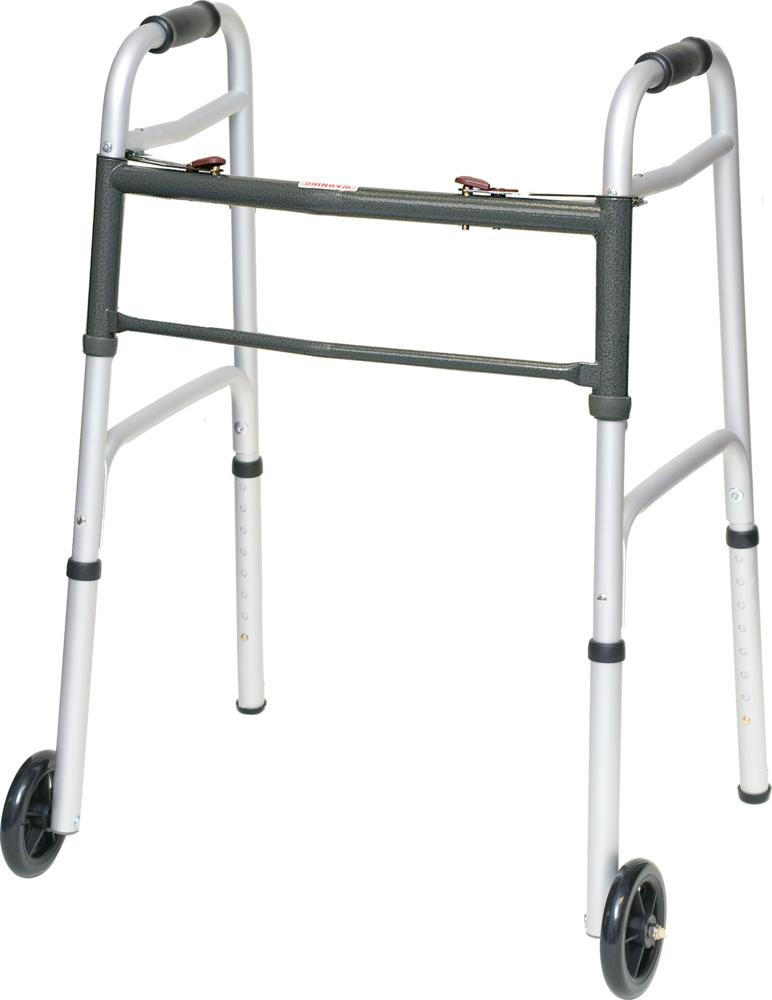 Compass Health ProBasics Aluminum Two-Button Release Folding Walker With Wheels, 4/CS