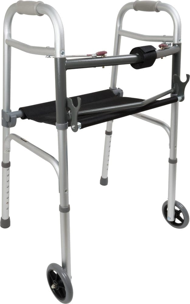 Compass Health Compass Health ProBasics Two-Button Folding Walker with Wheels and Roll-Up Seat, WKAAW2BST