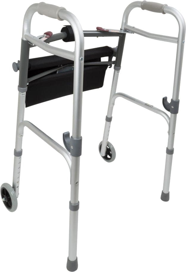 Compass Health Compass Health ProBasics Two-Button Folding Walker with Wheels and Roll-Up Seat, WKAAW2BST